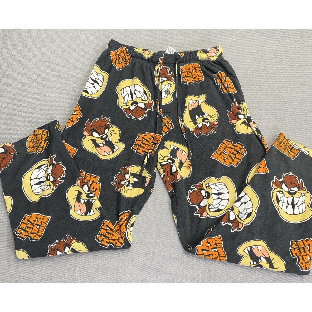 Looney Tunes Pajama Pants Mens Medium Black Fleece All Over Print Pull On